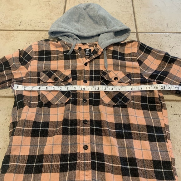 Amnesia Black & Peach Plaid Hooded Flannel Shirt - Size Medium - Picture 4 of 6